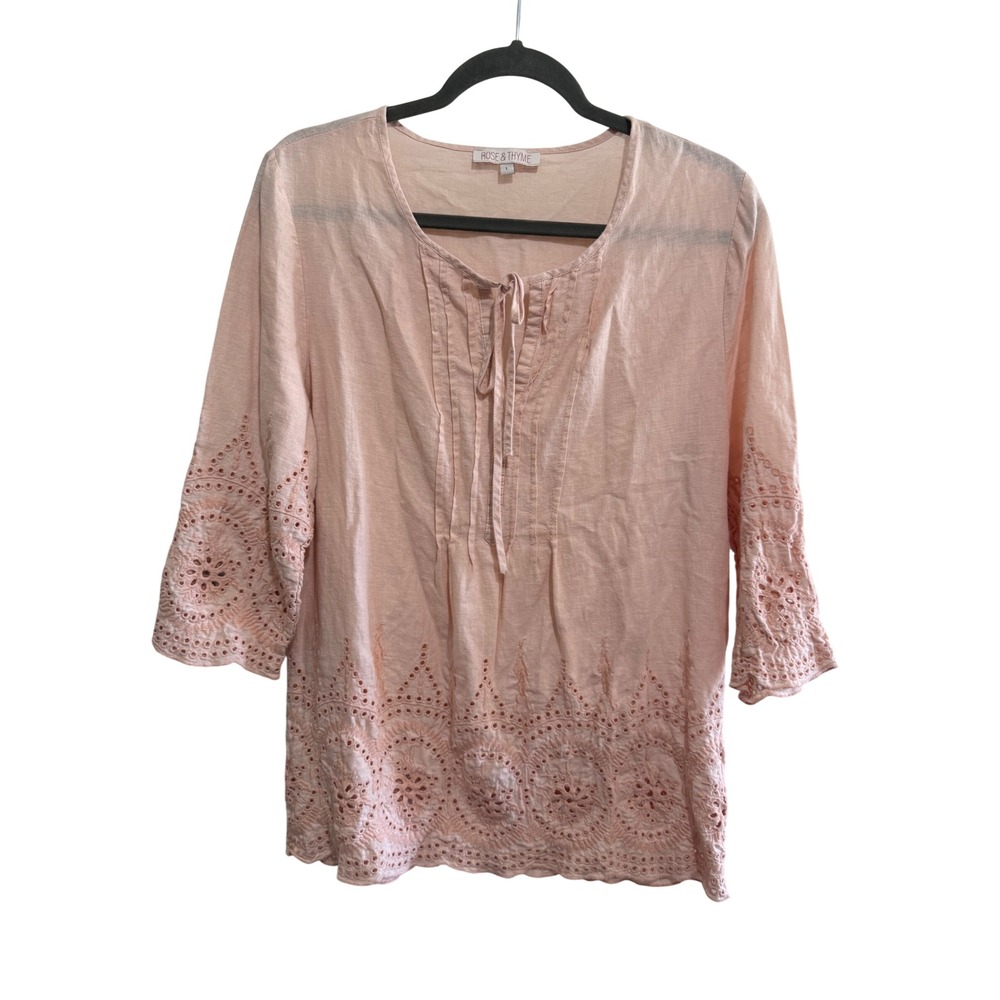 Rose & Thyme Blouse Women‎ Large Peach Linen Blend Eyelet Boho Peasant Top
